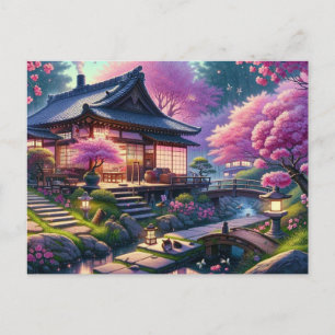Cartão Postal Tranquila Tarde de Primavera num Jardim Japonês