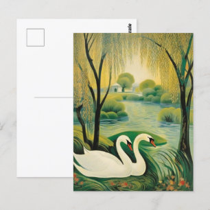 Cartão Postal Tranquilo Swans em Paisagem Serena