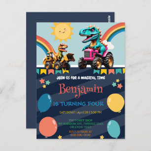 Cartão Postal Trator de dinossauro bonito Balão do arco-íris Bir