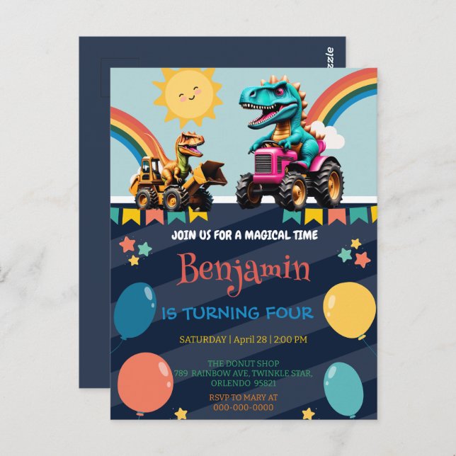 Cartão Postal Trator de dinossauro bonito Balão do arco-íris Bir (Frente/Verso)