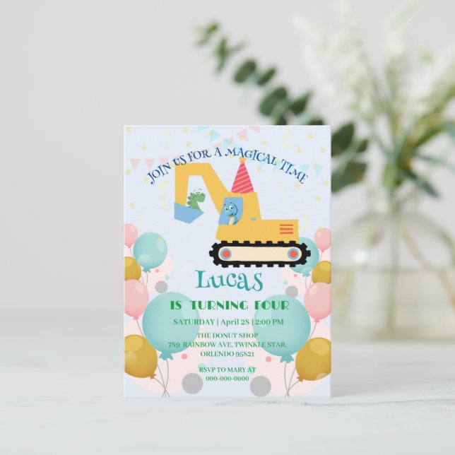 Cartão Postal Trator de dinossauro engraçado Festa de aniversári (Em pé/Frente)