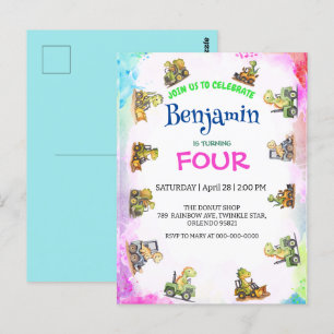 Cartão Postal Trator de dinossauro fofo Aniversário escolar Rain