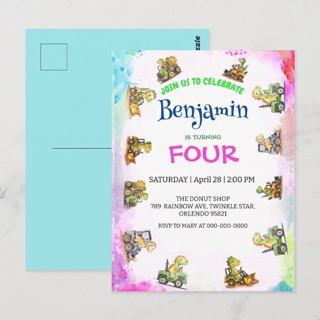 Cartão Postal Trator de dinossauro fofo Arco-íris B2S Aniversári (Frente/Verso)