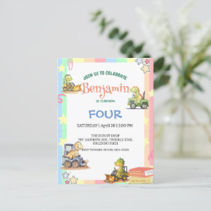 Cartão Postal Trator de dinossauro fofo Arco-íris B2S Aniversári