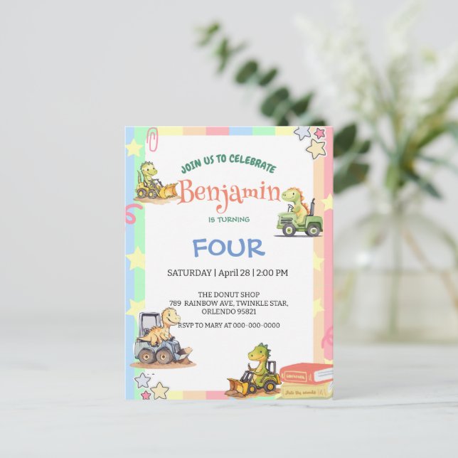 Cartão Postal Trator de dinossauro fofo Arco-íris B2S Aniversári (Em pé/Frente)