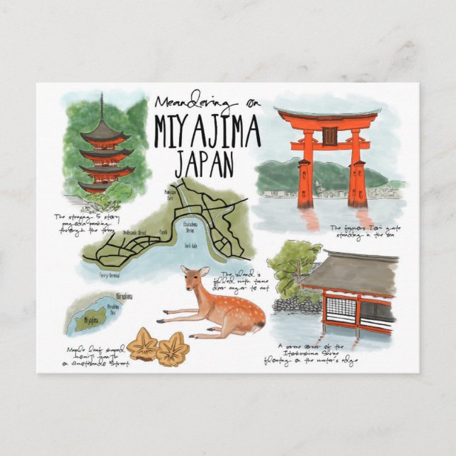 Cartão Postal Travel Sketch Postcard: Meandering on Miyajima (Frente)
