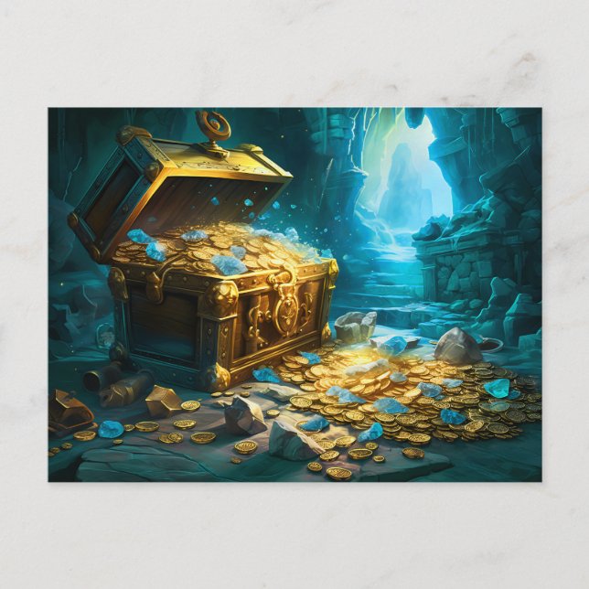 Cartão Postal Treasure Chest in Cave Light Fantasy Painting (Frente)