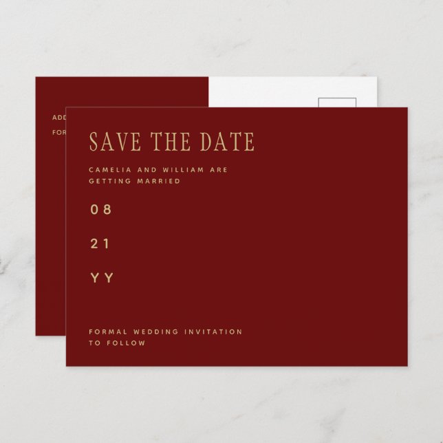 Cartão Postal Trending Burgundy Dourado Wedes SAVE THE DATE Post (Frente/Verso)