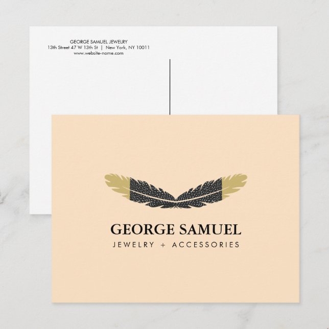 Cartão Postal Trendy Gold Dipped Boho Feather Designer Pink  (Frente/Verso)