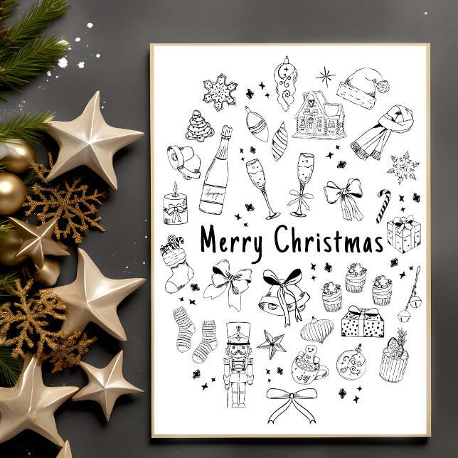 Cartão Postal Trendy Modern Hand Drawn Budget Black & White Xmas (Criador carregado)