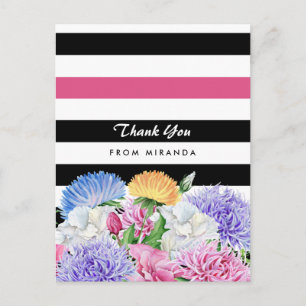 Cartão Postal Trendy Pink and Black Stripes Floral Obrigado
