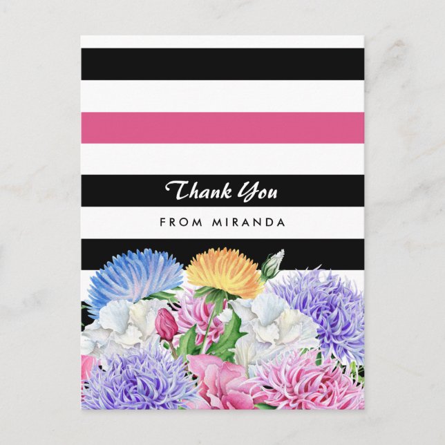 Cartão Postal Trendy Pink and Black Stripes Floral Obrigado (Frente)