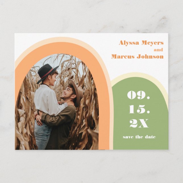 Cartão Postal Trendy Rainbow Boho Salve a Data Verde (Frente)