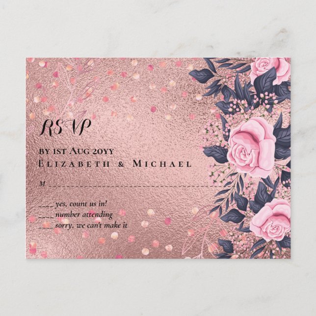 Cartão Postal Trendy ROSEGOLD Casamento Marinho Rosa Metálico Gl (Frente)