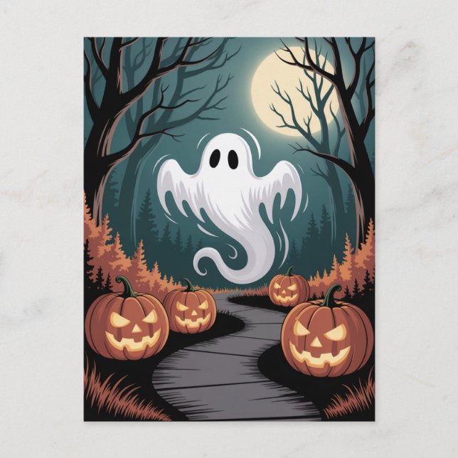 Cartão Postal Trendy spooky Halloween Pumpkin Ghost Moon forest  (Frente)