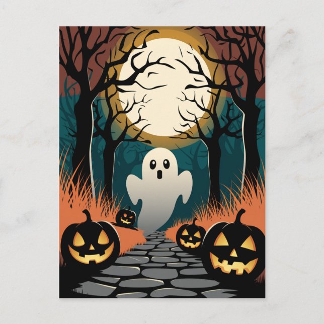 Cartão Postal Trendy spooky Halloween Pumpkin Ghost Moon forest  (Frente)