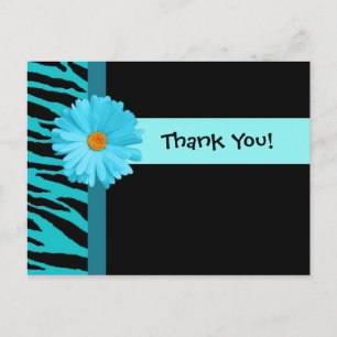 Cartão Postal Trendy Turquoise Zebra Print Obrigado Com Daisy