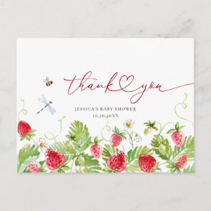 Cartão Postal Trendy Watercolor Strawberry Chá de fraldas Obriga