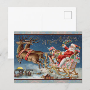 Cartão Postal Trenó de Papai Noel com Rena no Natal