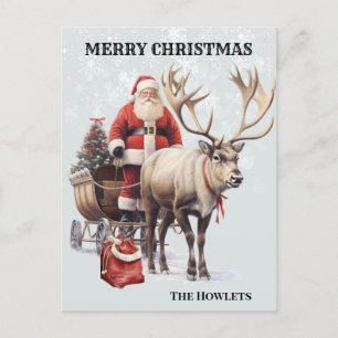 Cartão Postal Trenó de Papai Noel e Rena em Aquarela Vintage