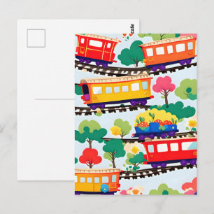 Cartão Postal Trens fofos e padrão de árvores azul