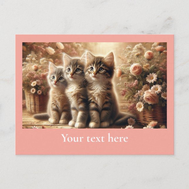 Cartão Postal Três Adoráveis Gatinhos Tabby com Flores (Frente)