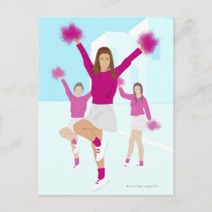 Cartão Postal Três cheerleaderes adolescentes segurando pom 2