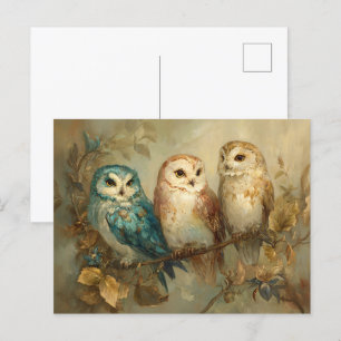 Cartão Postal Três Corujas Whimsical em uma Ramificação