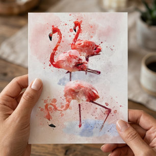 Cartão Postal Três Flamingos Rosa em Impressão de Arte em Aquare