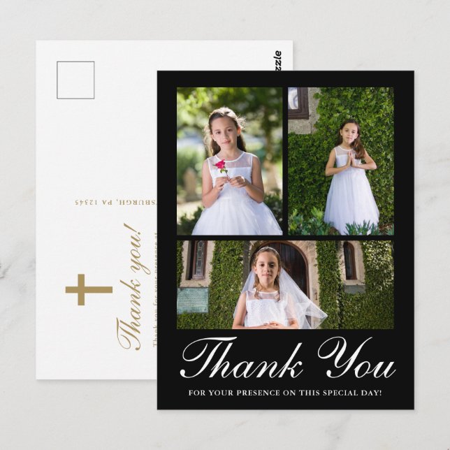 Cartão Postal Três Fotos com Cruz Primeira Comunhão Preto (Frente/Verso)