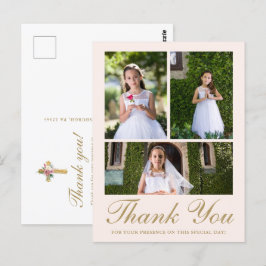 Cartão Postal Três Fotos Floral Cruz Primeira Comunhão Bege Rosa