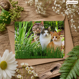 Cartão Postal Três Gatos Tabby no Jardim "Olá"