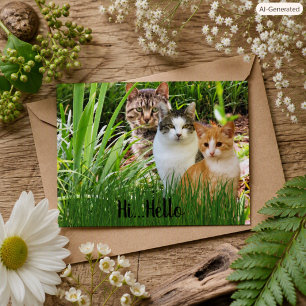 Cartão Postal Três Gatos Tabby no Jardim "Olá"
