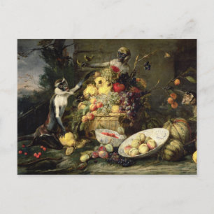 Cartão Postal Três macacos roubando Fruta (óleo na canvas)