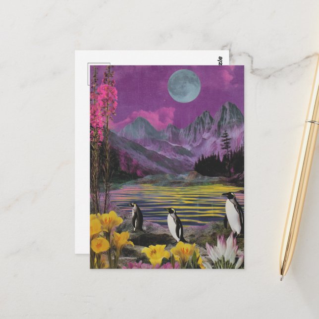 Cartão Postal Três peguins Surreal Mídia mista (Frente/Verso In Situ)