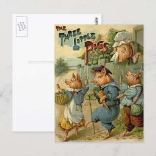 Cartão Postal Três Porquinhos Conto de Fadas Vintage