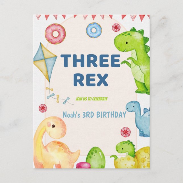 Cartão Postal Três Rex Kids Dinossauro 3º Festa de Aniversário (Frente)