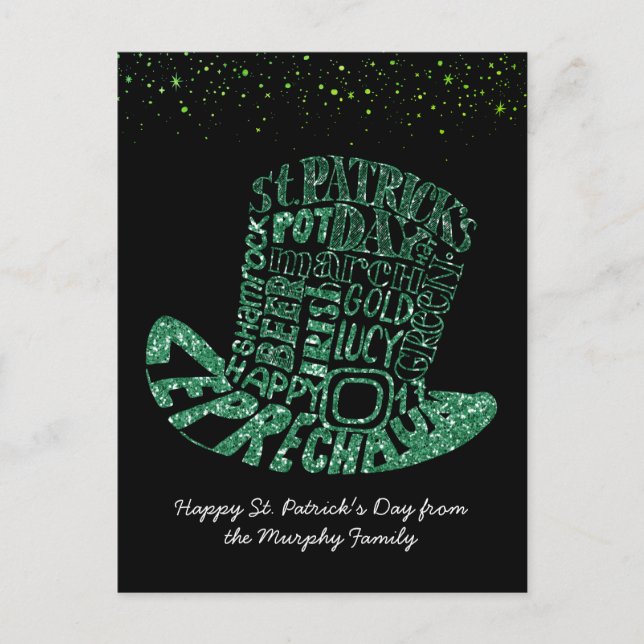 Cartão Postal Trevo de Glitter Leprechaun | Dia de São Patrício (Frente)