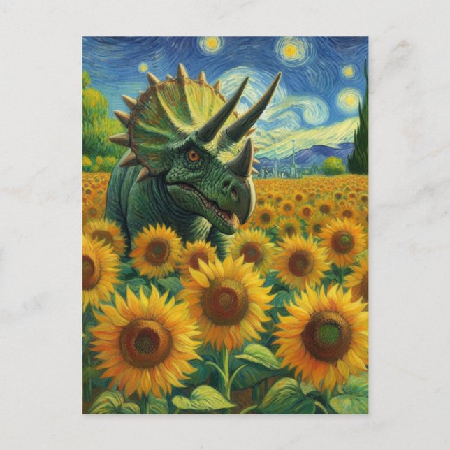 Cartão Postal Triceratops Dino no Campo de Girassol Van Gogh (Frente)