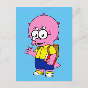 Cartão Postal Triceratops Nerd Com Mochila e Livro Didático.