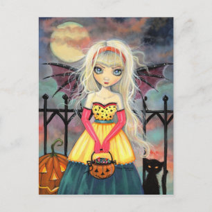 Cartão Postal Trick or Treat Fofa Vampira e Gato de Halloween