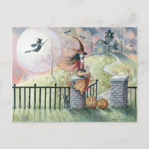 Cartão Postal Trick or Treat Postcard de Halloween Bruxa Gato