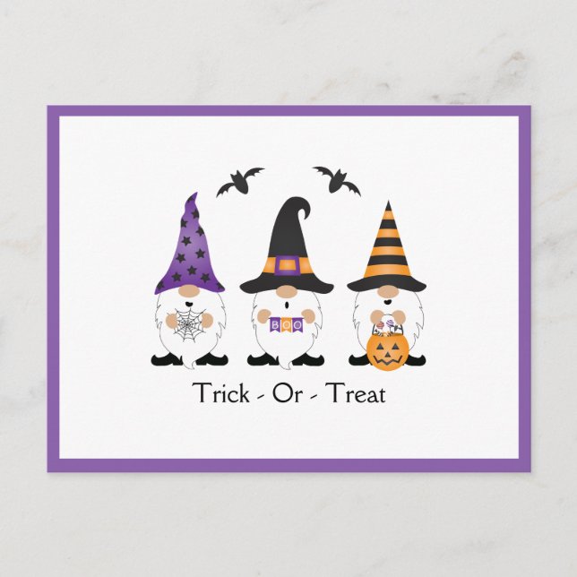 Cartão Postal Trick Ou Tratar Gnomos De Halloween Laranja Roxo (Frente)
