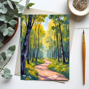 Cartão Postal Trilha da Primavera Floresta Verde Aquarela Natu