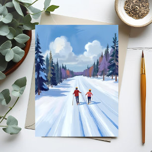 Cartão Postal Trilha de Esqui   Montanha Esqui Aquarela Inverno