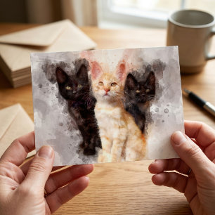 Cartão Postal Trio de Aquarela de Lindos Gatinhos Pretos e Laran