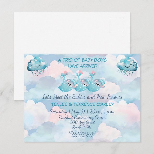 Cartão Postal Triplet Baby Boys Blue Shower Invitation Postcard (Frente/Verso)