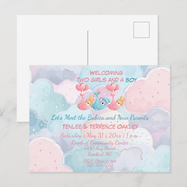 Cartão Postal Triplets Two Girls and A Boy Shower Invite (Frente/Verso)