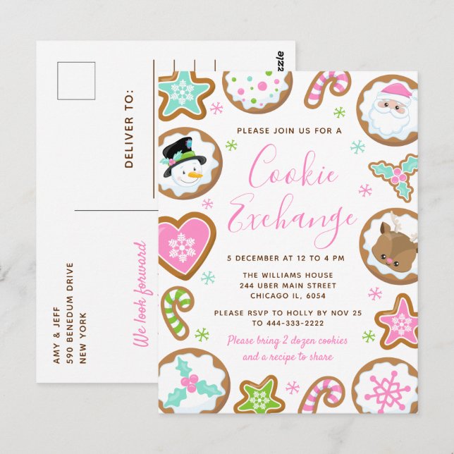 Cartão Postal Trocas de Biscoitos de Natal Rosa e Verde (Frente/Verso)