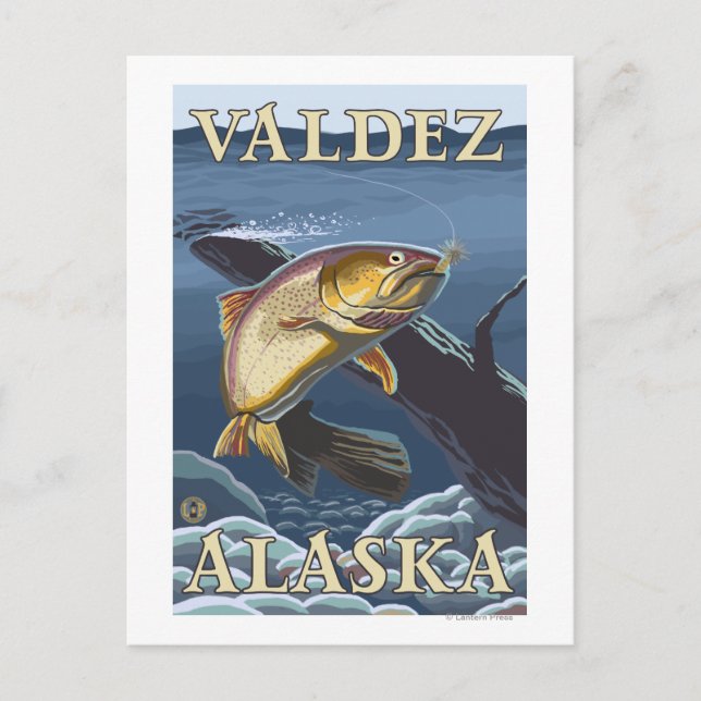 Cartão Postal Troço de pesca de trutas - Valdez, Alasca (Frente)